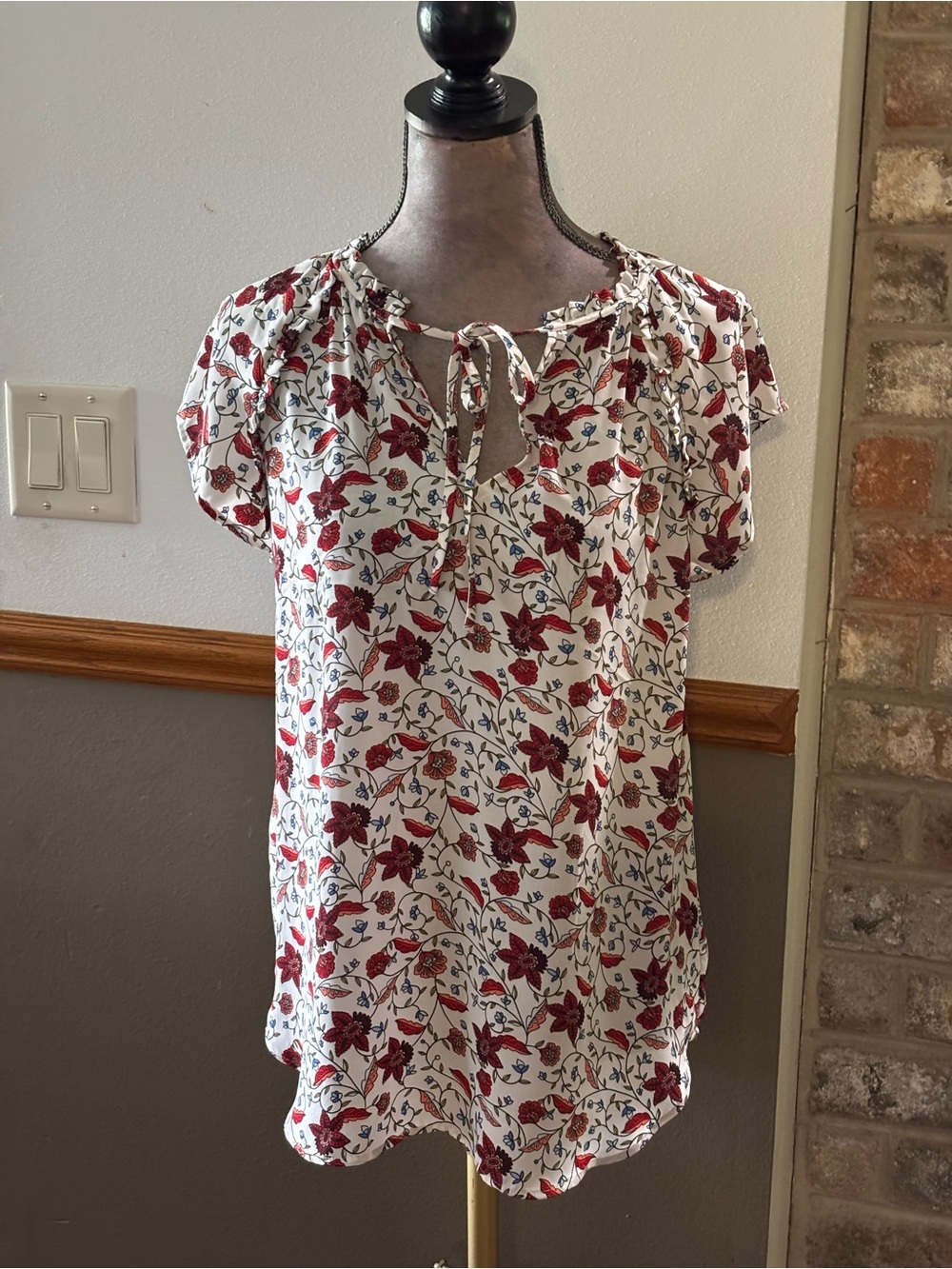 LOFT Cream Blouse with Red Floral Print and Tie Neck